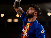 David Raya of Spain is in action prior to the UEFA Nations League 2024/25 League A Group A4 game between Spain and Denmark at Enrique Roca s...