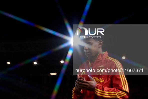 Lamine Yamal of Spain looks on before the UEFA Nations League 2024/25 League A Group A4 game between Spain and Denmark at Enrique Roca Stadi...