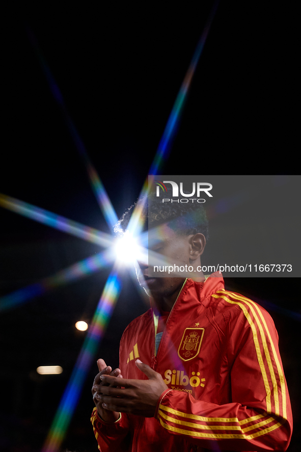 Lamine Yamal of Spain looks on before the UEFA Nations League 2024/25 League A Group A4 game between Spain and Denmark at Enrique Roca Stadi...