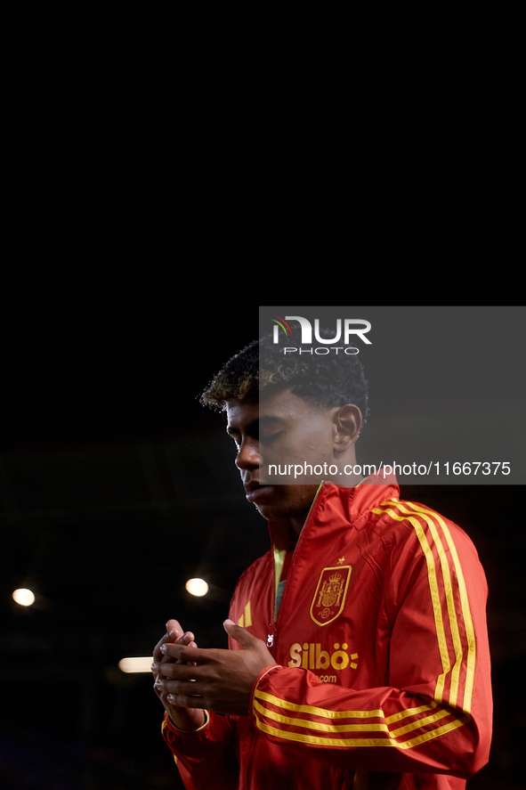 Lamine Yamal of Spain looks on before the UEFA Nations League 2024/25 League A Group A4 game between Spain and Denmark at Enrique Roca stadi...