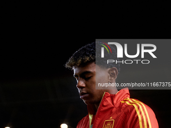 Lamine Yamal of Spain looks on before the UEFA Nations League 2024/25 League A Group A4 game between Spain and Denmark at Enrique Roca stadi...