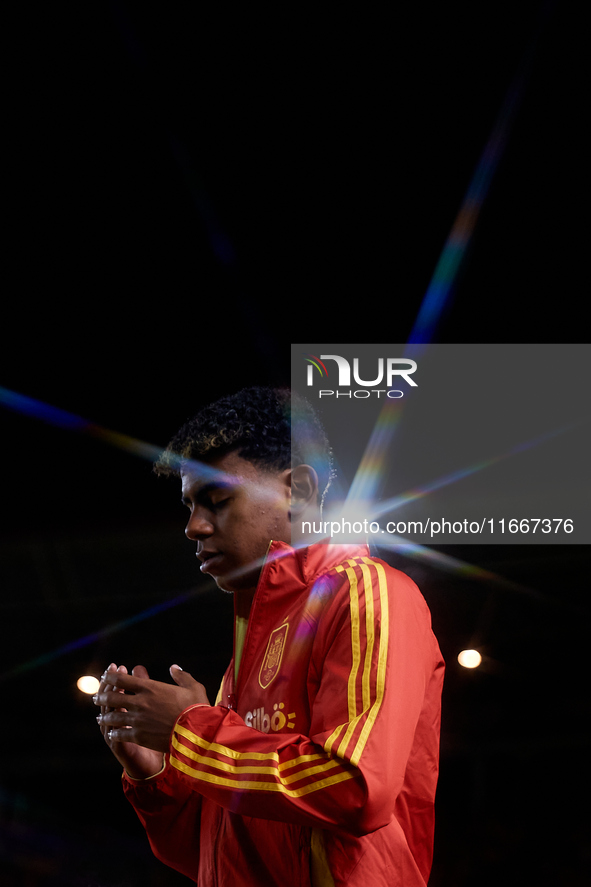 Lamine Yamal of Spain looks on before the UEFA Nations League 2024/25 League A Group A4 game between Spain and Denmark at Enrique Roca Stadi...