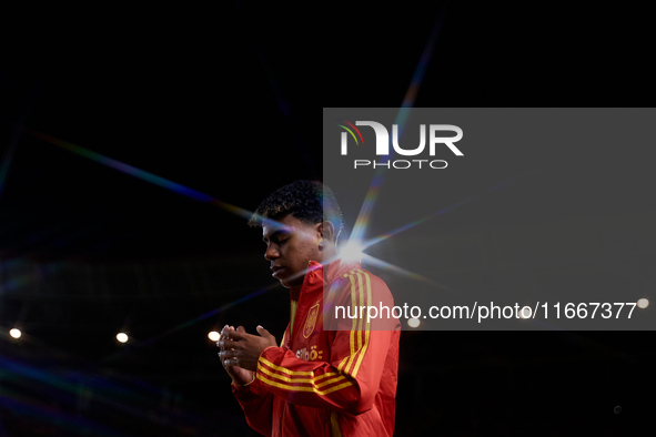 Lamine Yamal of Spain looks on before the UEFA Nations League 2024/25 League A Group A4 game between Spain and Denmark at Enrique Roca Stadi...