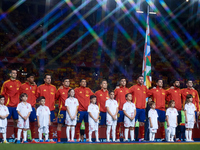 Spain players line up before the UEFA Nations League 2024/25 League A Group A4 game between Spain and Denmark at Enrique Roca Stadium in Mur...