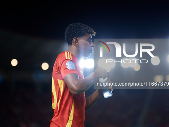 Lamine Yamal of Spain looks on before the UEFA Nations League 2024/25 League A Group A4 game between Spain and Denmark at Enrique Roca stadi...