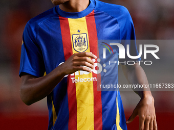 Lamine Yamal of Spain looks on before the UEFA Nations League 2024/25 League A Group A4 game between Spain and Denmark at Enrique Roca stadi...