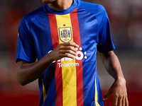 Lamine Yamal of Spain looks on before the UEFA Nations League 2024/25 League A Group A4 game between Spain and Denmark at Enrique Roca stadi...