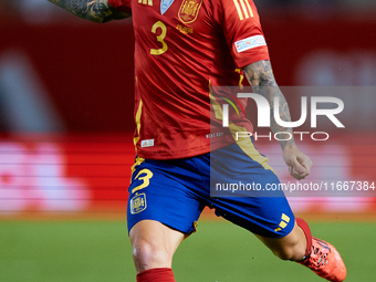 Alejandro Grimaldo of Spain is in action during the UEFA Nations League 2024/25 League A Group A4 game between Spain and Denmark at Enrique...