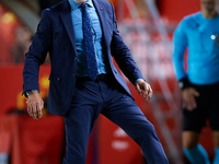 Luis de la Fuente, head coach of Spain, stops the ball during the UEFA Nations League 2024/25 League A Group A4 game between Spain and Denma...