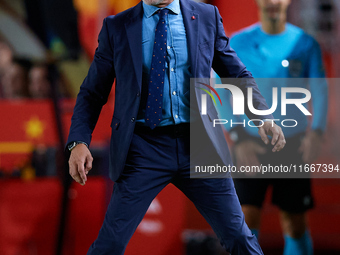 Luis de la Fuente, head coach of Spain, stops the ball during the UEFA Nations League 2024/25 League A Group A4 game between Spain and Denma...