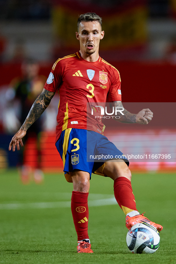 Alejandro Grimaldo of Spain is in action during the UEFA Nations League 2024/25 League A Group A4 game between Spain and Denmark at Enrique...