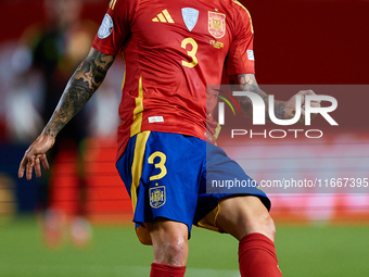 Alejandro Grimaldo of Spain is in action during the UEFA Nations League 2024/25 League A Group A4 game between Spain and Denmark at Enrique...