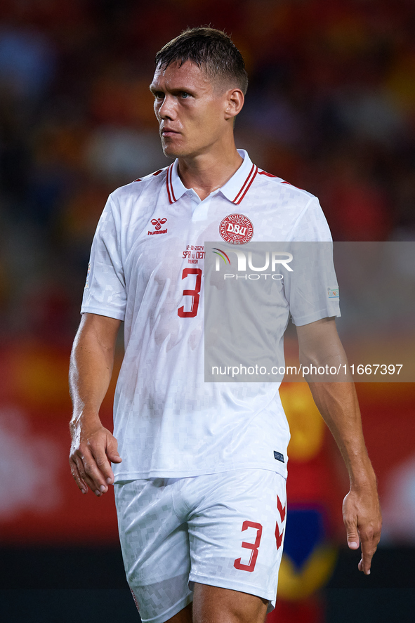 Vestergaard of Denmark looks on during the UEFA Nations League 2024/25 League A Group A4 game between Spain and Denmark at Enrique Roca Stad...