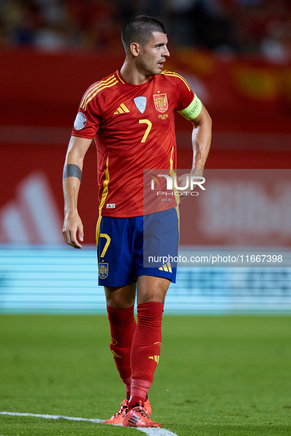 Alvaro Morata of Spain looks on during the UEFA Nations League 2024/25 League A Group A4 game between Spain and Denmark at Enrique Roca Stad...