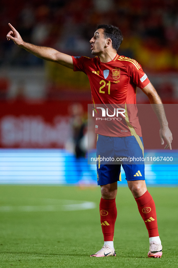 Mikel Oyarzabal of Spain reacts during the UEFA Nations League 2024/25 League A Group A4 game between Spain and Denmark at Enrique Roca Stad...