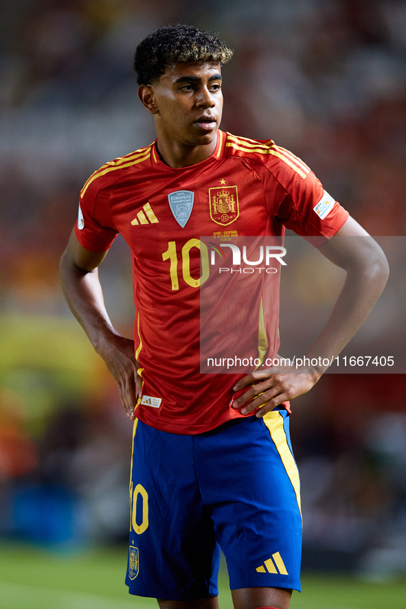 Lamine Yamal of Spain looks on during the UEFA Nations League 2024/25 League A Group A4 game between Spain and Denmark at Enrique Roca Stadi...