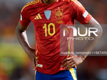 Lamine Yamal of Spain looks on during the UEFA Nations League 2024/25 League A Group A4 game between Spain and Denmark at Enrique Roca Stadi...