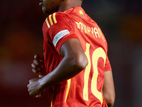 Lamine Yamal of Spain looks on during the UEFA Nations League 2024/25 League A Group A4 game between Spain and Denmark at Enrique Roca Stadi...