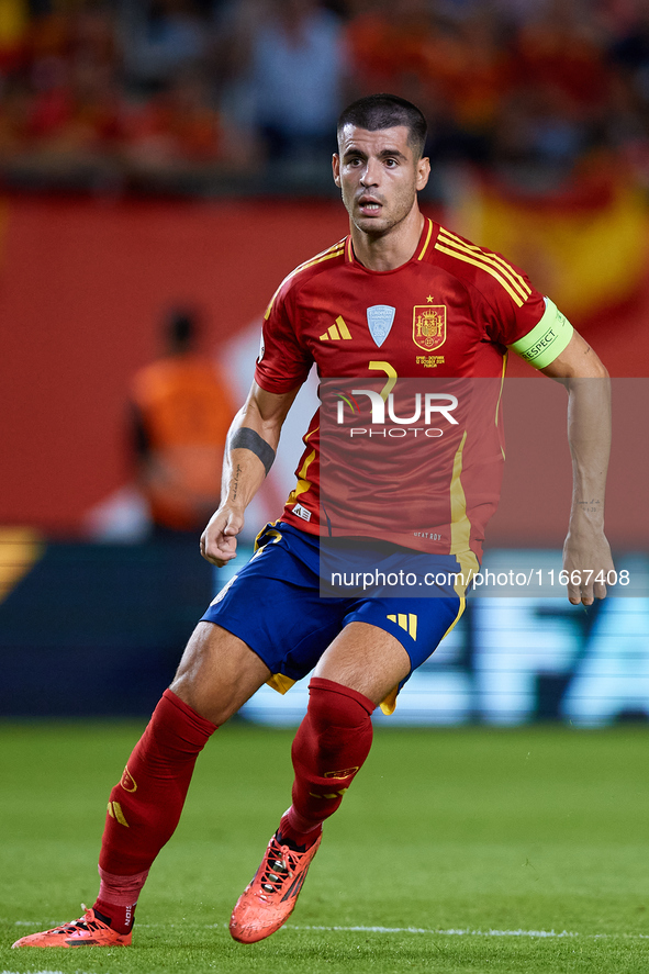 Alvaro Morata of Spain is in action during the UEFA Nations League 2024/25 League A Group A4 game between Spain and Denmark at Enrique Roca...