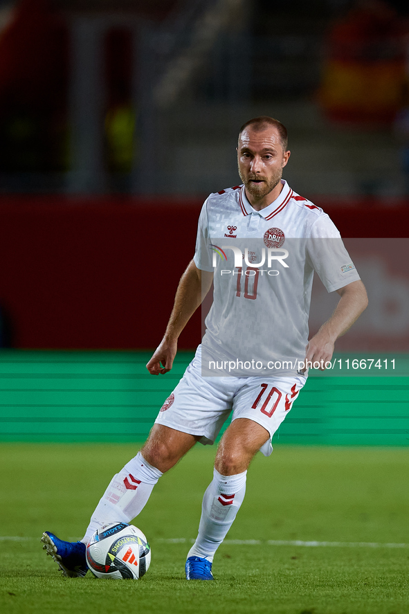 Eriksen of Denmark plays during the UEFA Nations League 2024/25 League A Group A4 game between Spain and Denmark at Enrique Roca Stadium in...