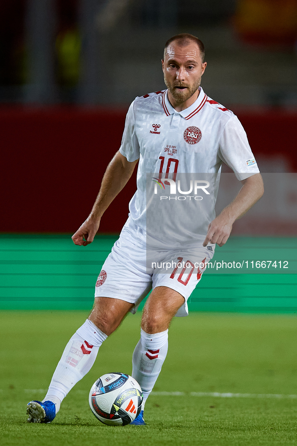 Eriksen of Denmark plays during the UEFA Nations League 2024/25 League A Group A4 game between Spain and Denmark at Enrique Roca Stadium in...