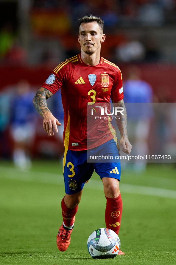 Alejandro Grimaldo of Spain is in action during the UEFA Nations League 2024/25 League A Group A4 game between Spain and Denmark at Enrique...