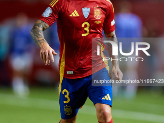 Alejandro Grimaldo of Spain is in action during the UEFA Nations League 2024/25 League A Group A4 game between Spain and Denmark at Enrique...