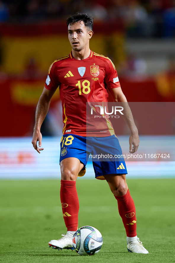 Martin Zubimendi of Spain is in action during the UEFA Nations League 2024/25 League A Group A4 game between Spain and Denmark at Enrique Ro...