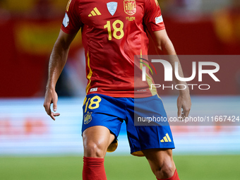 Martin Zubimendi of Spain is in action during the UEFA Nations League 2024/25 League A Group A4 game between Spain and Denmark at Enrique Ro...