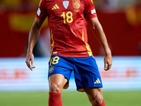 Martin Zubimendi of Spain is in action during the UEFA Nations League 2024/25 League A Group A4 game between Spain and Denmark at Enrique Ro...