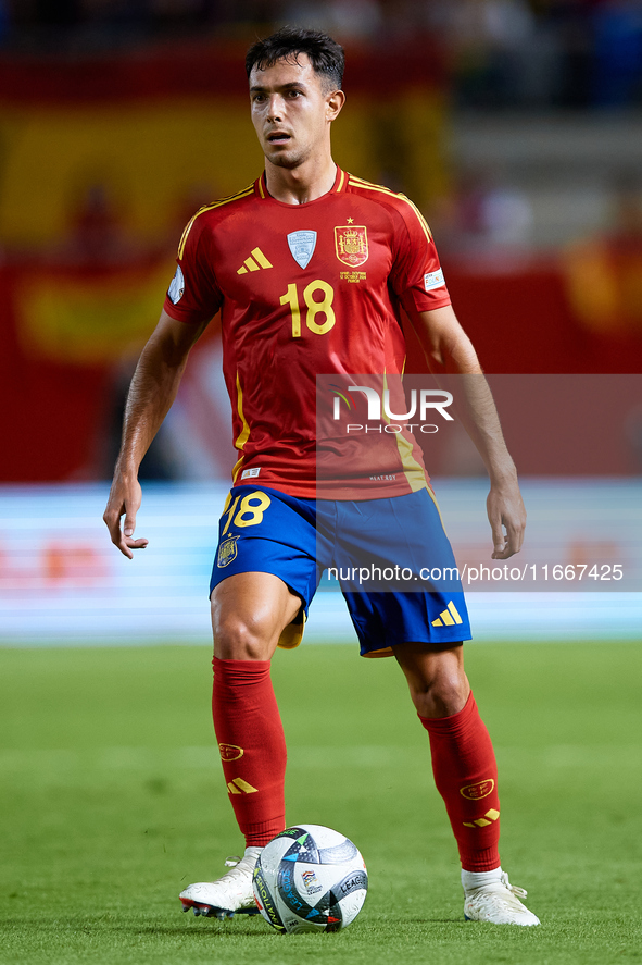 Martin Zubimendi of Spain is in action during the UEFA Nations League 2024/25 League A Group A4 game between Spain and Denmark at Enrique Ro...