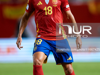 Martin Zubimendi of Spain is in action during the UEFA Nations League 2024/25 League A Group A4 game between Spain and Denmark at Enrique Ro...