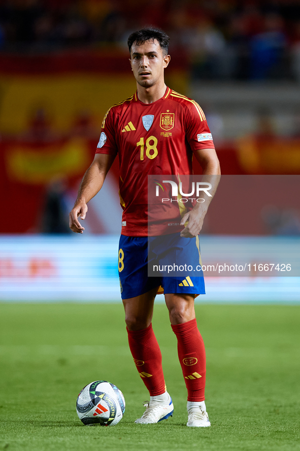 Martin Zubimendi of Spain is in action during the UEFA Nations League 2024/25 League A Group A4 game between Spain and Denmark at Enrique Ro...