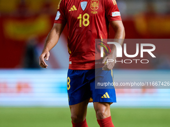 Martin Zubimendi of Spain is in action during the UEFA Nations League 2024/25 League A Group A4 game between Spain and Denmark at Enrique Ro...