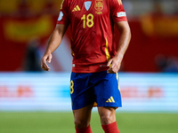 Martin Zubimendi of Spain is in action during the UEFA Nations League 2024/25 League A Group A4 game between Spain and Denmark at Enrique Ro...