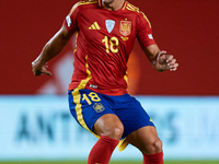 Martin Zubimendi of Spain is in action during the UEFA Nations League 2024/25 League A Group A4 game between Spain and Denmark at Enrique Ro...