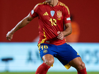 Martin Zubimendi of Spain is in action during the UEFA Nations League 2024/25 League A Group A4 game between Spain and Denmark at Enrique Ro...