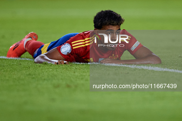 Lamine Yamal of Spain looks on during the UEFA Nations League 2024/25 League A Group A4 game between Spain and Denmark at Enrique Roca Stadi...