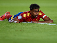 Lamine Yamal of Spain looks on during the UEFA Nations League 2024/25 League A Group A4 game between Spain and Denmark at Enrique Roca Stadi...