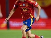 Pedri of Spain is in action during the UEFA Nations League 2024/25 League A Group A4 game between Spain and Denmark at Enrique Roca Stadium...