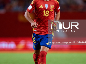 Martin Zubimendi of Spain is in action during the UEFA Nations League 2024/25 League A Group A4 game between Spain and Denmark at Enrique Ro...