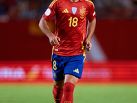 Martin Zubimendi of Spain is in action during the UEFA Nations League 2024/25 League A Group A4 game between Spain and Denmark at Enrique Ro...