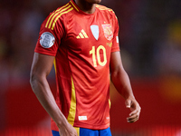 Lamine Yamal of Spain looks on during the UEFA Nations League 2024/25 League A Group A4 game between Spain and Denmark at Enrique Roca Stadi...