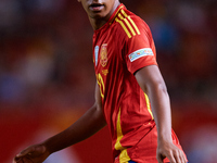 Lamine Yamal of Spain looks on during the UEFA Nations League 2024/25 League A Group A4 game between Spain and Denmark at Enrique Roca Stadi...