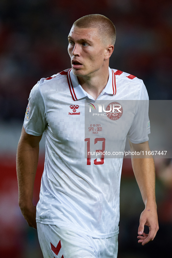 Rasmus Kristensen of Denmark looks on during the UEFA Nations League 2024/25 League A Group A4 game between Spain and Denmark at Enrique Roc...