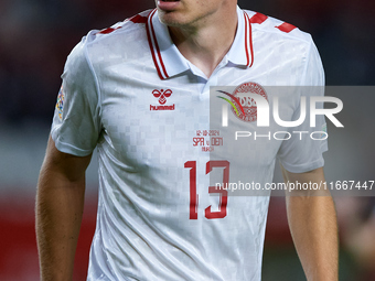 Rasmus Kristensen of Denmark looks on during the UEFA Nations League 2024/25 League A Group A4 game between Spain and Denmark at Enrique Roc...