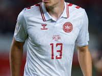 Rasmus Kristensen of Denmark looks on during the UEFA Nations League 2024/25 League A Group A4 game between Spain and Denmark at Enrique Roc...