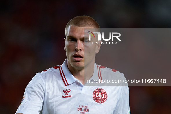 Rasmus Kristensen of Denmark looks on during the UEFA Nations League 2024/25 League A Group A4 game between Spain and Denmark at Enrique Roc...