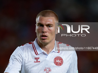 Rasmus Kristensen of Denmark looks on during the UEFA Nations League 2024/25 League A Group A4 game between Spain and Denmark at Enrique Roc...