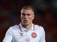 Rasmus Kristensen of Denmark looks on during the UEFA Nations League 2024/25 League A Group A4 game between Spain and Denmark at Enrique Roc...